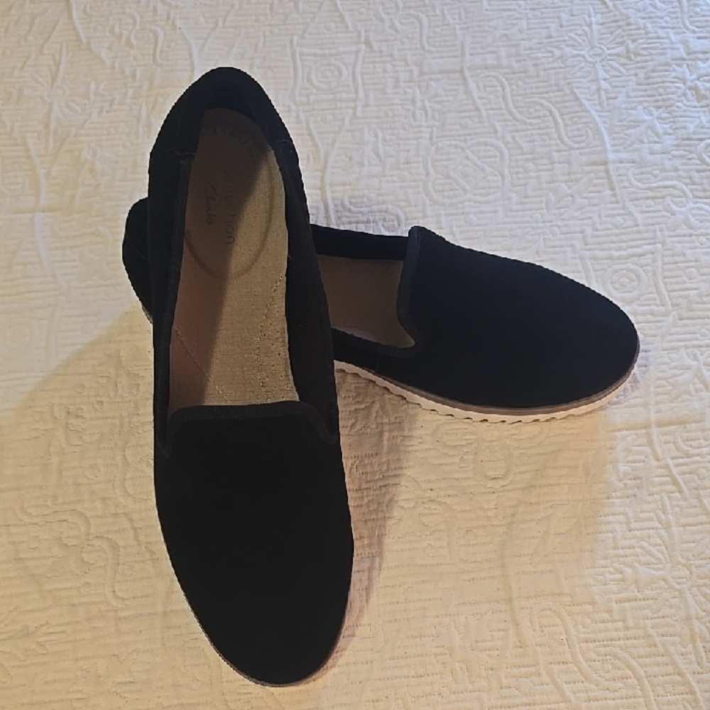 Clarks Black Suede Slip-On Loafers for Women